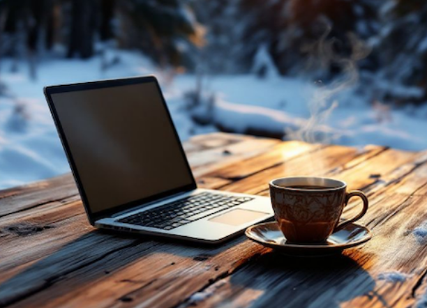 Ansicht Laptop mit Kaffeetasse vor winterlicher Kulisse