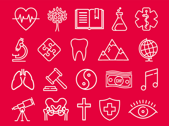 Titelbild der Seniorenuni mit Symbolen der verschiedenen Wissenschaftsgebiete